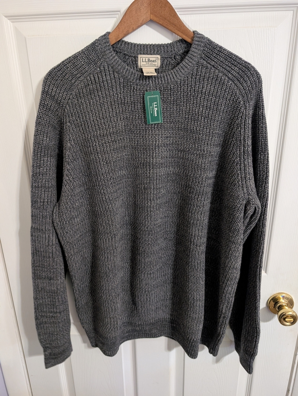 New L.L. Bean Mens Sweater Gray Heavyweight Cotton Crew Blue Jean Size XL NWT